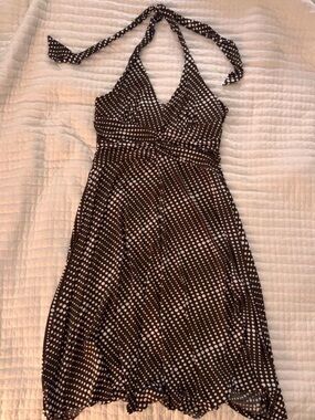 Sushi flower vintage-style brown and white polkadot halter dress- Size M